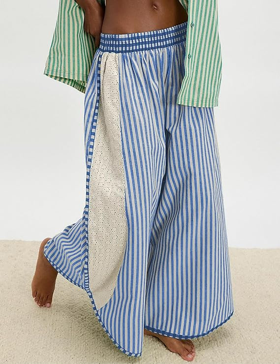 Athlisan Womens Summer Casual Loose Striped Wide Leg Lounge Pants Elastic Waist Palazzo Trousers | Amazon (US)