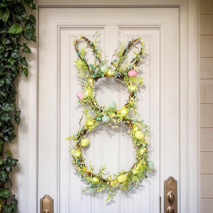Easter Bunny Spring Wreath for Front Door, Lighted Easter Wreaths with Timer and 30 LED Warm Ligh... | Amazon (US)