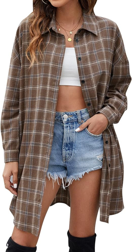 Blooming Jelly Women's Button Down Flannel Shirts Plaid Shacket Long Sleeve Collared Long Jacket ... | Amazon (US)