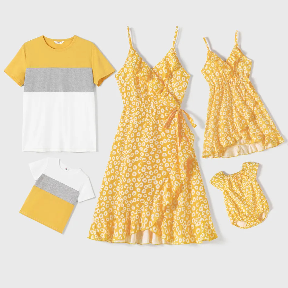 Family Matching Yellow Floral Print Surplice Neck Ruffle Trim Wrap Cami Dresses and Colorblock Sh... | PatPat