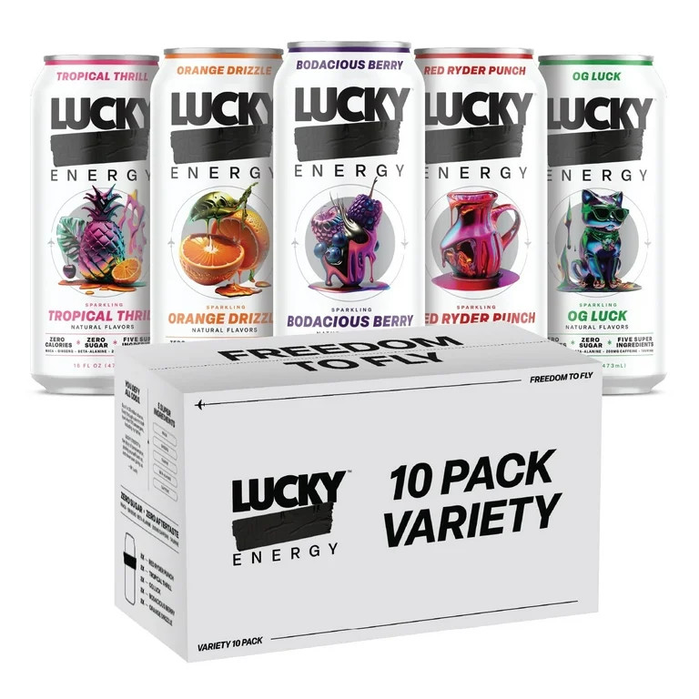 Lucky Energy Sugar Free Energy Drinks, Variety Pack, 16oz Cans (10-Pack) Healthy, Zero Sugar Ener... | Walmart (US)