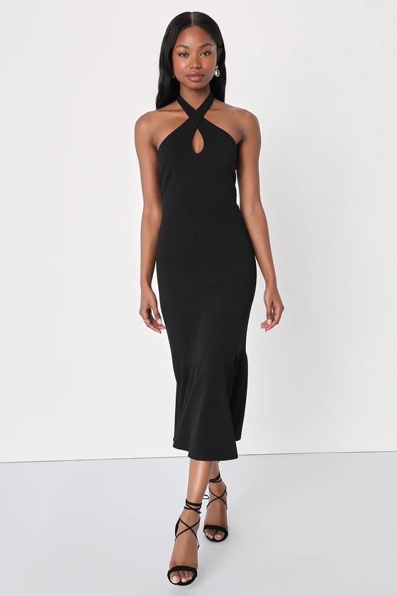 Striking Allure Black Cross-Front Trumpet Midi Dress | Lulus