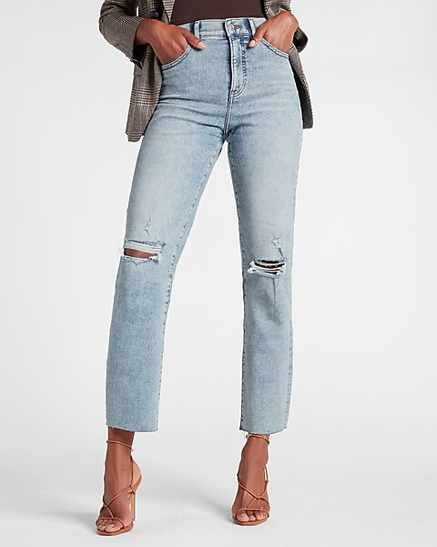 Super High Waisted Ripped Modern Straight Jeans | Express