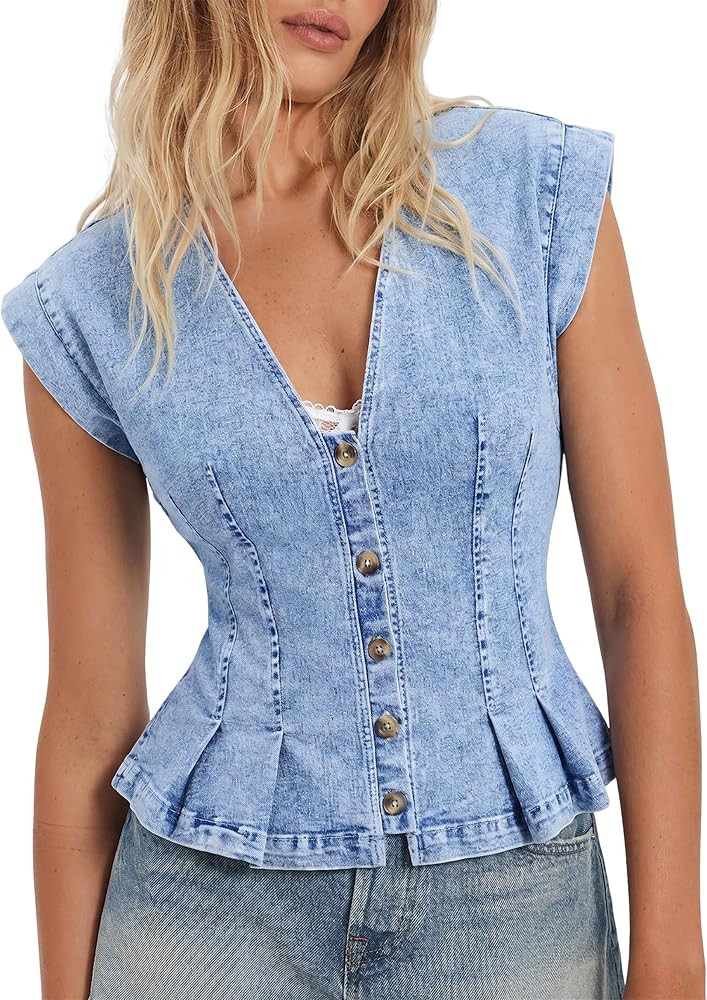 Women's Denim Vest Trendy 2026 Cap Sleeve Deep V Neck Button Down Jean Vest Tops for Women Summer... | Amazon (US)