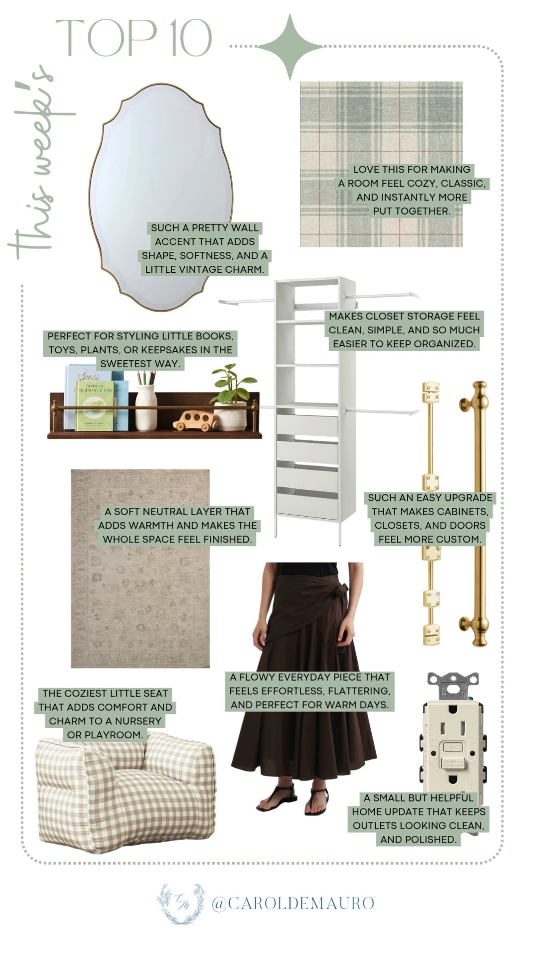 weekly top 10, bestsellers, follower favorites, home decor, nursery furniture, diy closet, midi skirt, gold hardware, wall shelving, neutral rug, gingham kids chair, plaid wallpaper, vintage wall mirror

#LTKHome