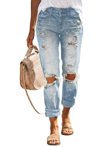 PerZeal Boyfriend Jeans for Women Stretch Mid Waisted Ripped Distressed Mom Jeans Slim Denim Pants (Pack of 2) Light Blue&Dark Blue Large | Amazon (US)