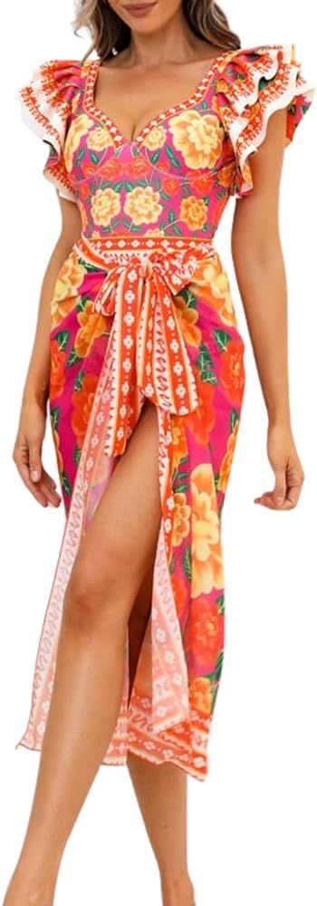 FLAXMAKER One Shoulder 3D Flower Animal Print One Piece Swimsuit and Sarong | Amazon (US)