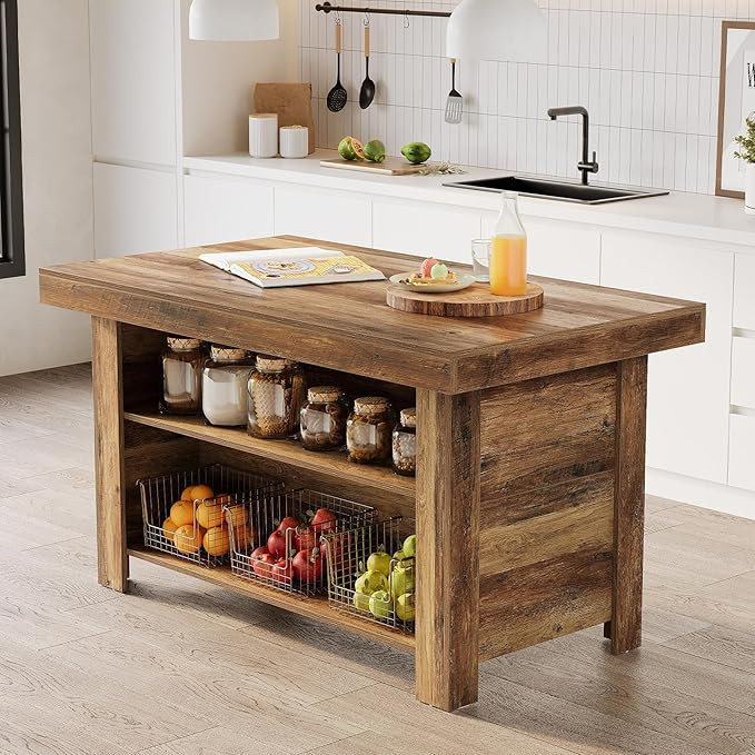LITTLE TREE 55 Inches Kitchen Island with Storage, 3-Tier Farmhouse Wooden Stationary Island Tabl... | Amazon (US)