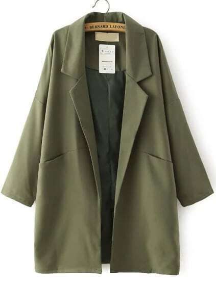 Army Green Lapel Pockets Loose Trench Coat | Romwe