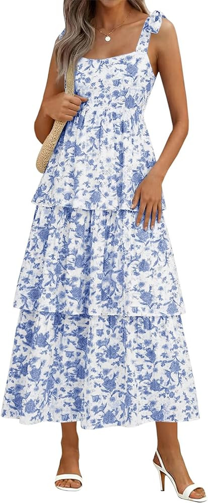 Wenrine Womens Summer Floral Maxi Dress Casual Tie Strap Sleeveless Ruffle Tiered Smocked Loose B... | Amazon (US)