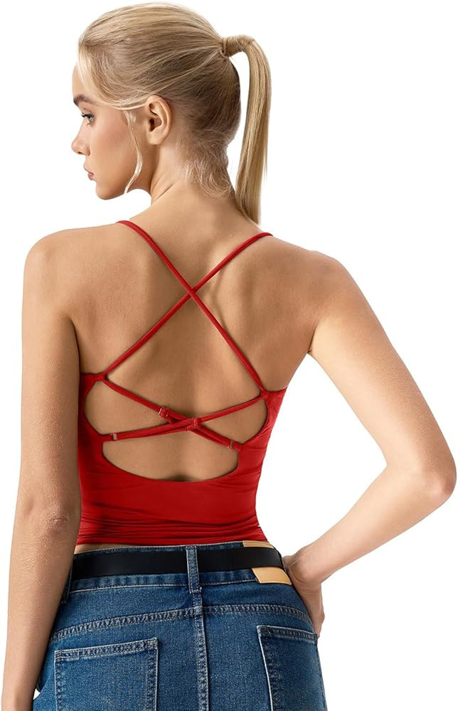 QINSEN Womens Cross Back Tank Top V Neck Double Lined Camisole Top Sleeveless Spaghetti Strap Goi... | Amazon (US)