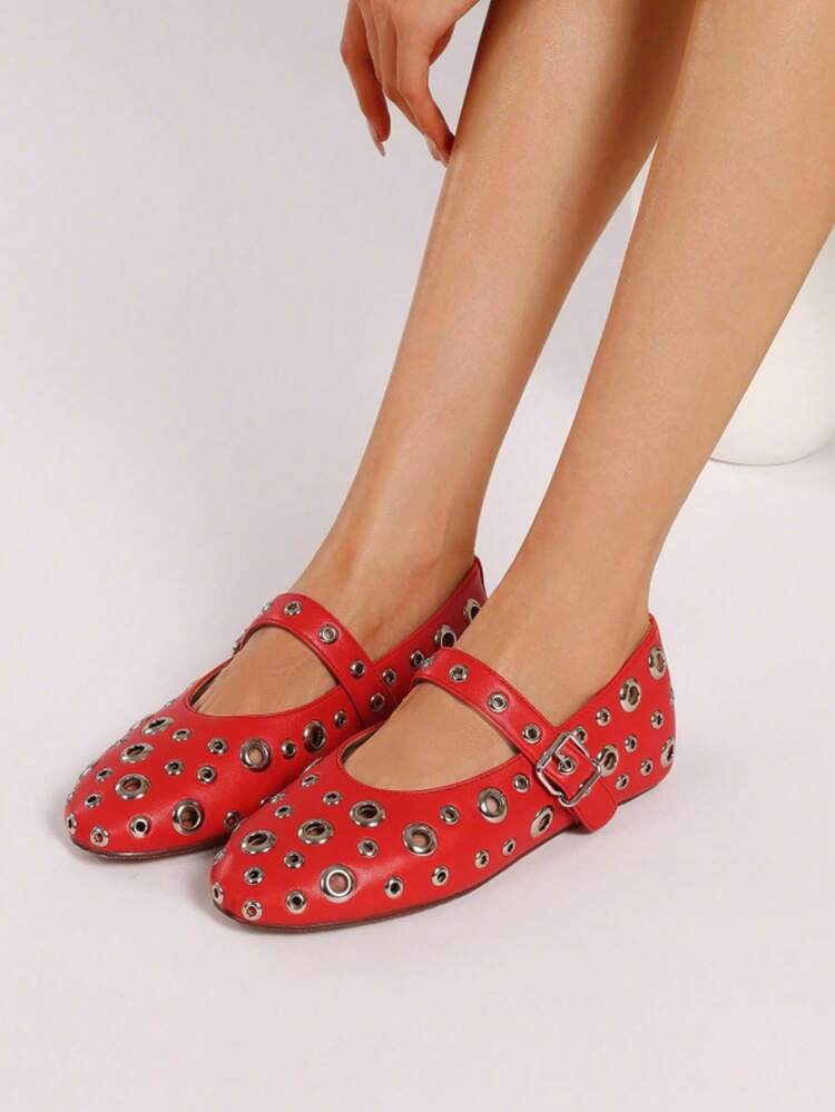 Women's Y2K Metal Hole Ballet Flats Fashion Eyelet Perforated Round Toe Buckle Strap Ballerina Shoes Low Heel Casual Dress Flats | SHEIN