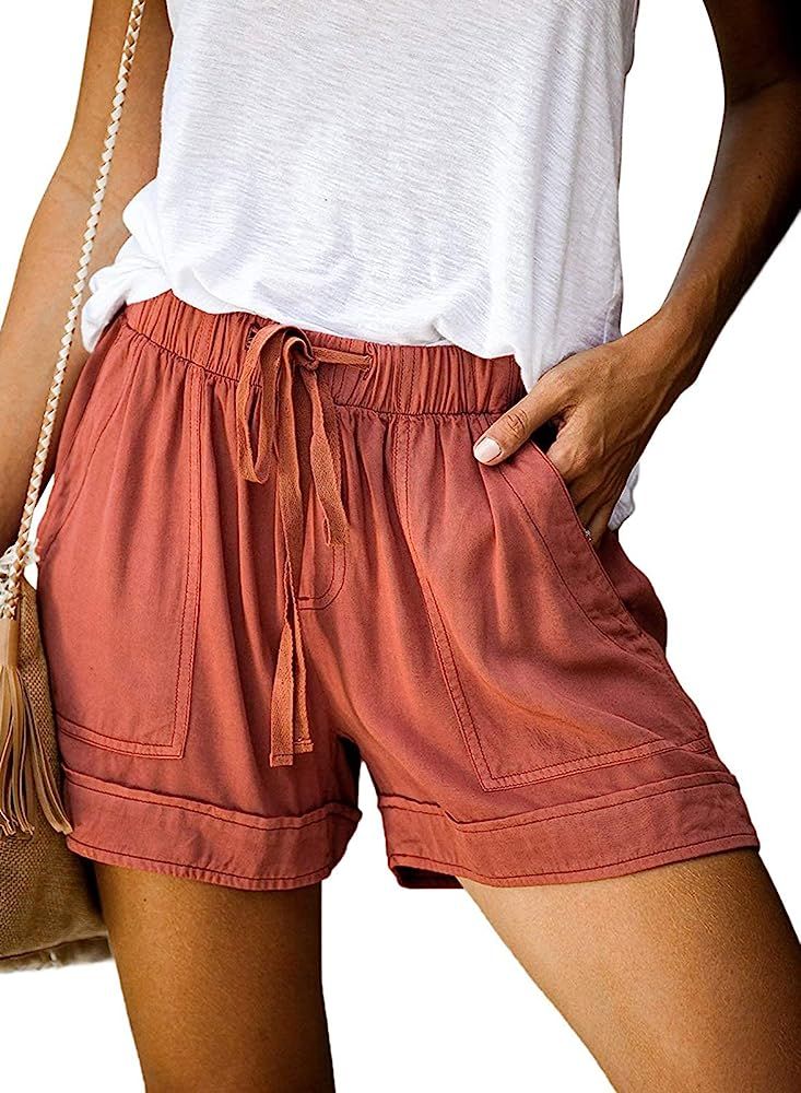 Womens Drawstring Elastic Waist Casual Summer Loose Beach Shorts with Pockets | Amazon (US)