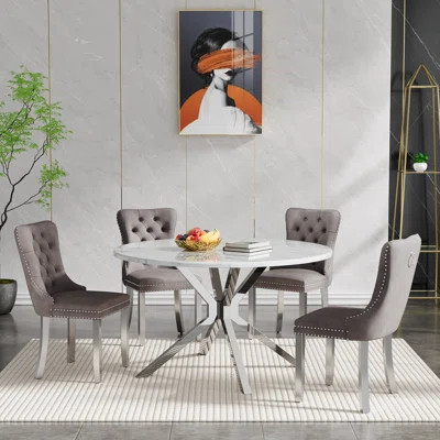 Round Dining Table Set, White Marble Dining Table & Velvet Dining Chairs with Stainless Steel Pedestal, 45" Dining Room Table and Chairs Set, Luxury D | Wayfair North America