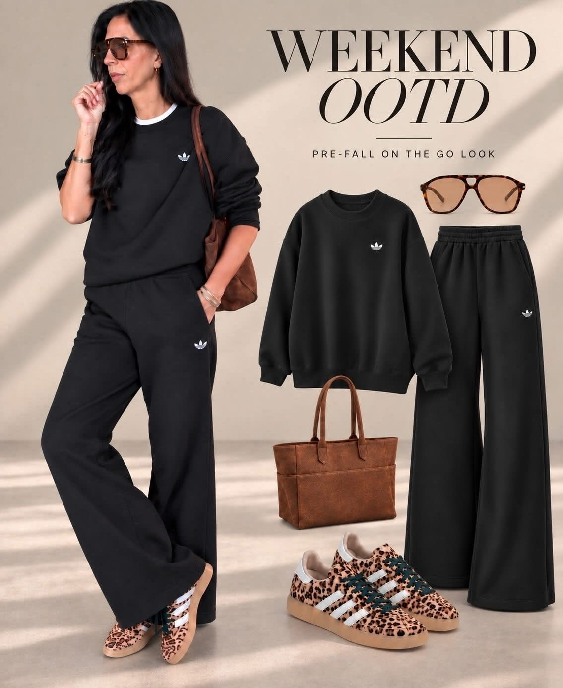 PRE-FALL ON-THE-GO 🖤🐆
Now that school is back and I’m officially on the go ALL day, I’m reaching for outfits that are comfortable, casual and still feel chic.
This monochromatic black adidas set is exactly that. Easy, comfortable and perfect heading into fall. But the STAR? These new leopard print adidas sneakers. The perfect pop of print and SO good for fall. 🐆Wearing a small in the top and bottom (very tts)

#LTKU #LTKootd #LTKmomlife