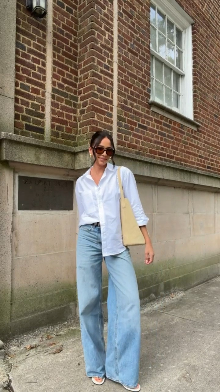 What I wore recently: fall transitional outfit! Up to 30% OFF jeans! Wearing size S white button up shirt and size 27 X long high rise wide leg jeans (medium wash) 

fall outfit, fall fashion, abercrombie jeans, abercrombie denim, sale alert, abercrombie sale