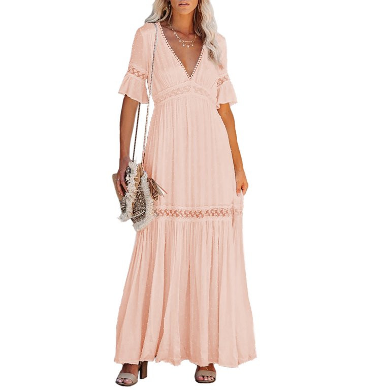 Dokotoo Women's Maxi Dress V Neck Lace Swiss Dot Short Sleeve Wedding Evening Party Dresses | Walmart (US)