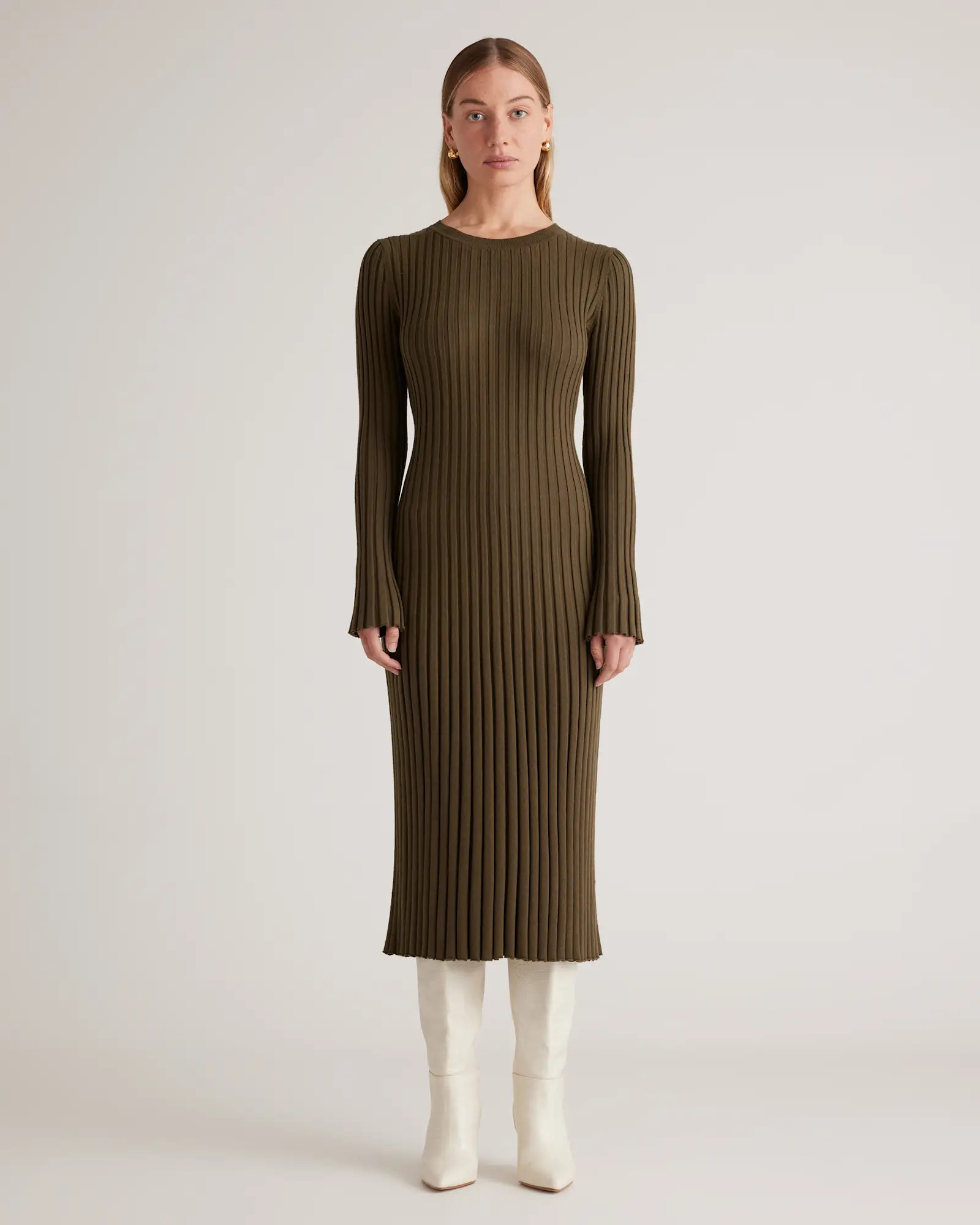 Cotton Cashmere Ribbed Long Sleeve Crew Midi Dress in Olive | Quince