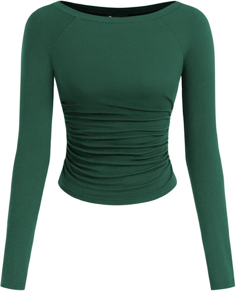 PRETTYGARDEN Long Sleeve Shirts for Women 2025 Fall Ruched Sides Boat Neck Basic Tee Casual Fitte... | Amazon (US)