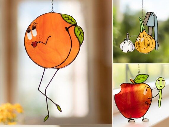 Funny fruits Stained glass suncatcher | Fruit decorations for kitchen window | Stained Glass wind... | Etsy (US)