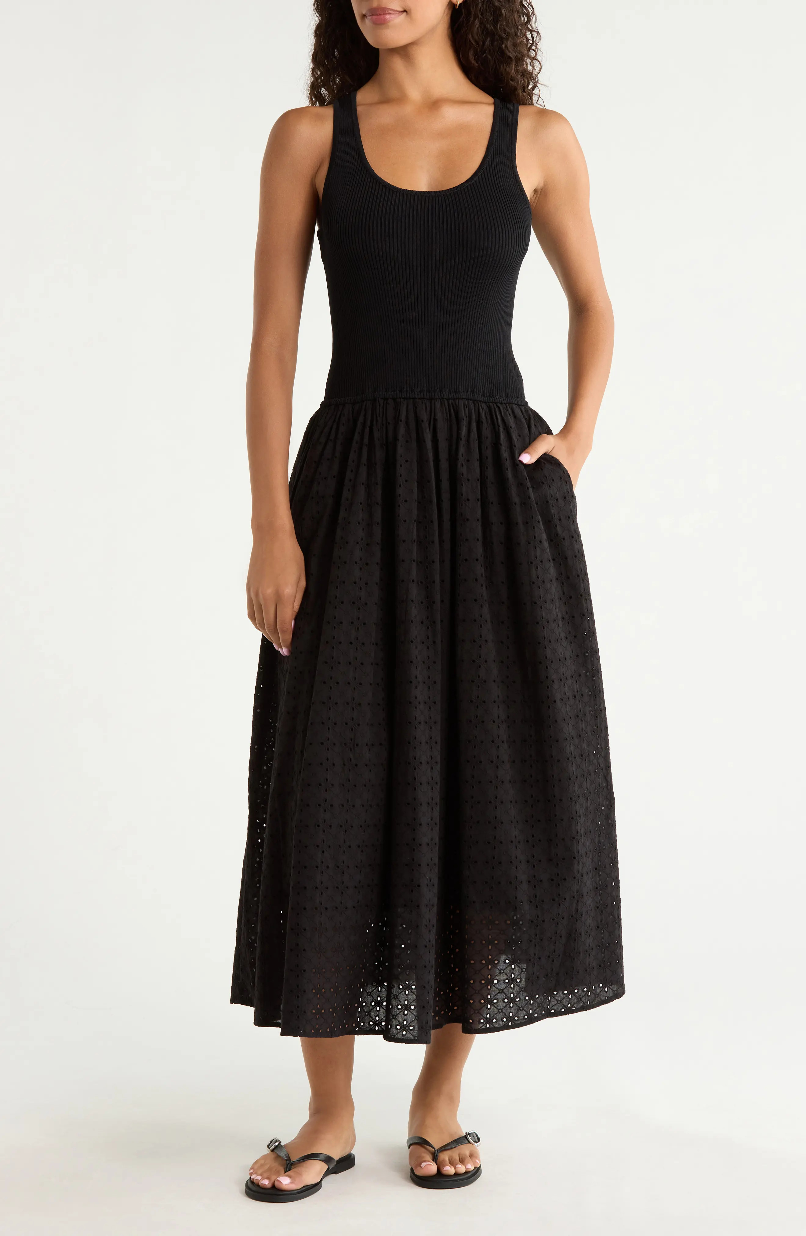 Elan Mixed Media Eyelet Maxi Cover-Up Dress in Black at Nordstrom, Size Small | Nordstrom