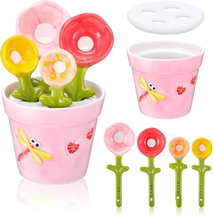 Flower Measuring Spoons Set in Pot - Ceramic Baking Measuring Spoons with Holder for Dry & Wet In... | Amazon (US)