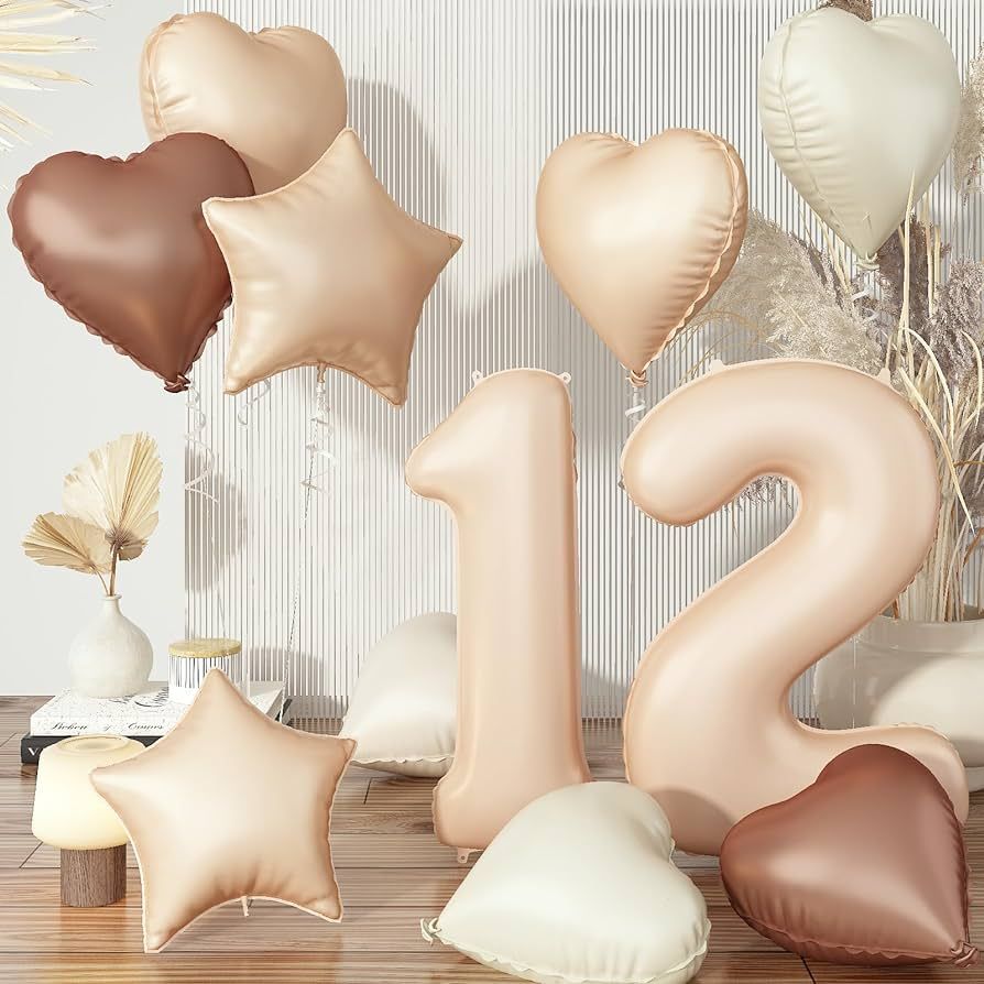 12th Birthday Balloons Beige, Large Apricot Tan Foil 12 Number Balloon Decor with Sand White Crea... | Amazon (US)
