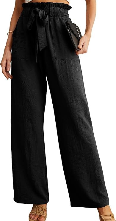 IWOLLENCE Women's Wide Leg Pants with Pockets High Waist Adjustable Knot Loose Casual Trousers Bu... | Amazon (US)