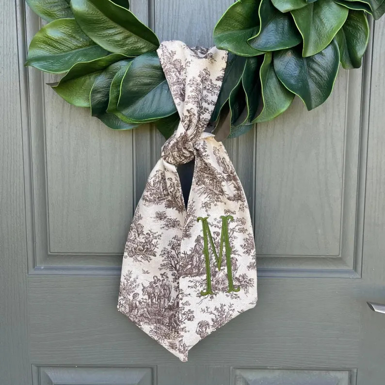 Cocoa Brown Toile Wreath Sash Customized Monogram Front Door Accent Embroidered Initial for Perso... | Etsy (US)