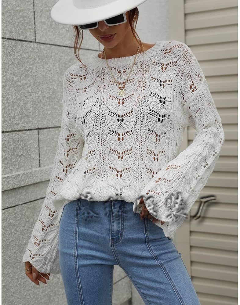 Women's Crochet Sweater Long Sleeve Blouses Tops Bell Sleeve Crewneck Pointelle Knit Pullover Shi... | Amazon (US)