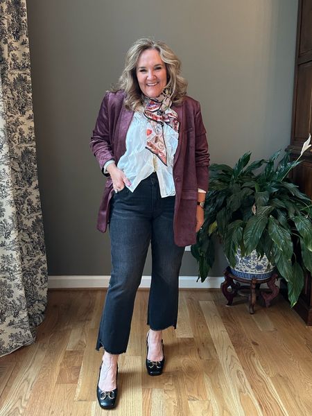 Cabi now available through LTK and influencers. So excited to partner with this brand. Overall I find the sizing runs big. I’m in an XL in the jacket and blouse. But they are roomy. 

The velvet jacket is so pretty. It’s not heavy. And lined is such a lovely print  
Jeans I went with a size 31. Love the fit and the fun hem. 

Don’t miss the accessories that finish this look! Necklace, earrings and scarf!

My shoes went fast! Linking similar. 

#LTKover40 #LTKHoliday #LTKmidsize
