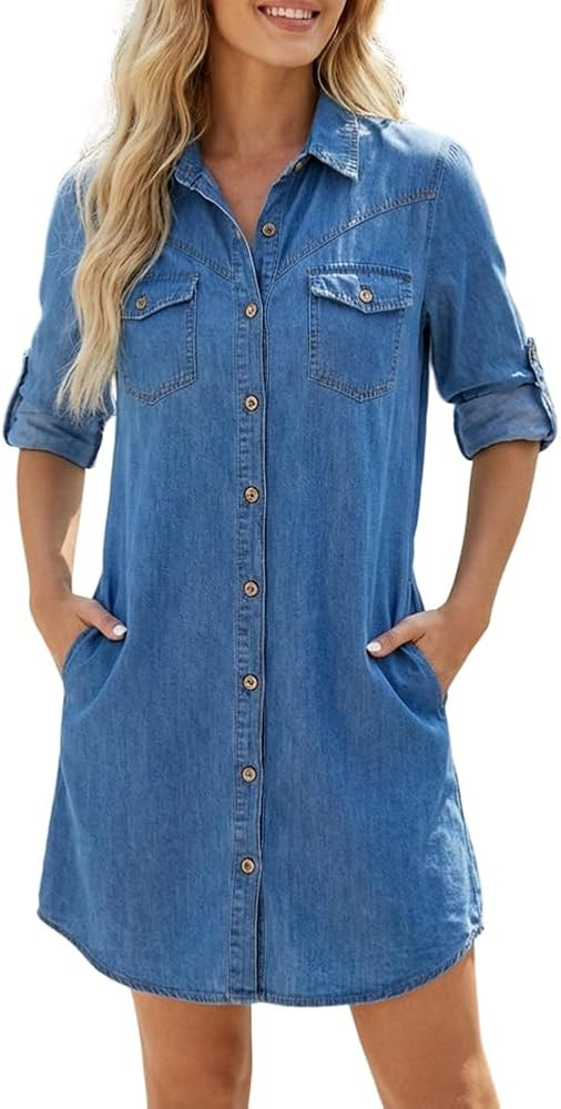 CHICME Womens Denim Shirt Dress Long Sleeve Button Down Jean Dress Casual Tunic Top with Pockets | Amazon (US)