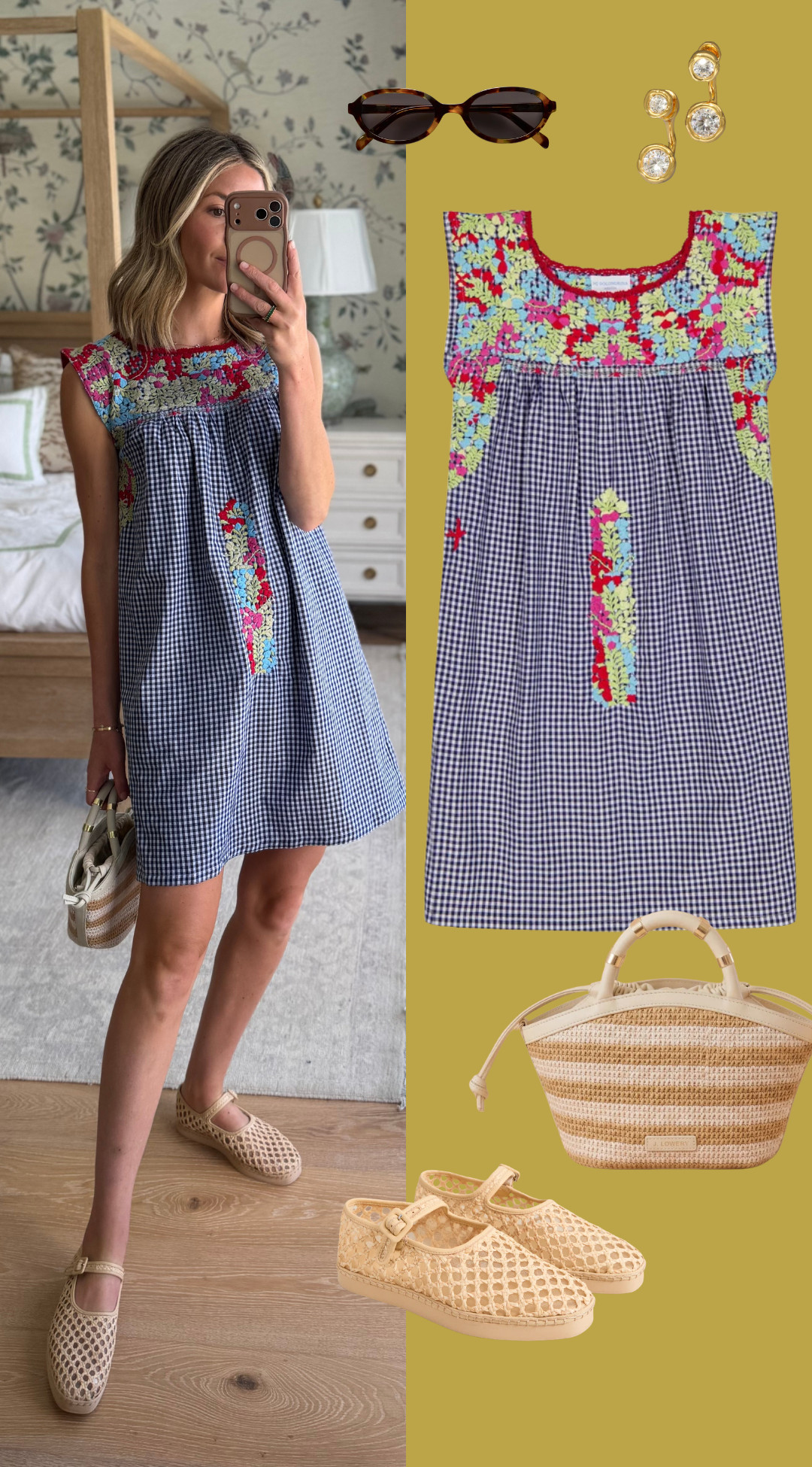 such a cute little throw-on dress for late summer into early fall. i love the gingham mixed with the colorful floral embroidery, and the relaxed shape makes it an easy one for busy days when you still want something fun.

styled here with woven mary janes, a neutral bag, and simple jewelry, but it would be just as cute with sneakers for something more casual. wearing an xs in the dress.  

 #LTKootd #LTKSeasonal