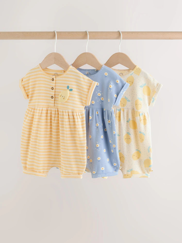 Blue and Lemon Printed Button T Shirt Jersey 3 Pack Baby Rompers | Next US