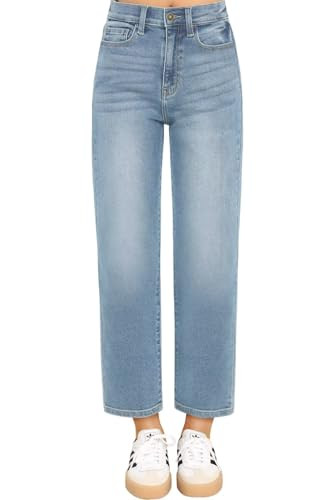 KDF Women's Cropped Straight Leg Jeans - High Waisted Jeans for Women 7/8 Length Denim Pants Ice ... | Amazon (US)