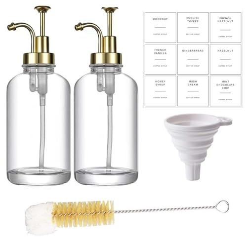 Coffee Syrup Dispenserfor, 2pcs 16.9oz Coffee Bar Accessories with Foldable Funnel, Syrup Dispenser with 36 Labels and Brush, Coffee Syrup Bottles with Gold Upgraded Pump (Gold) | Amazon (US)
