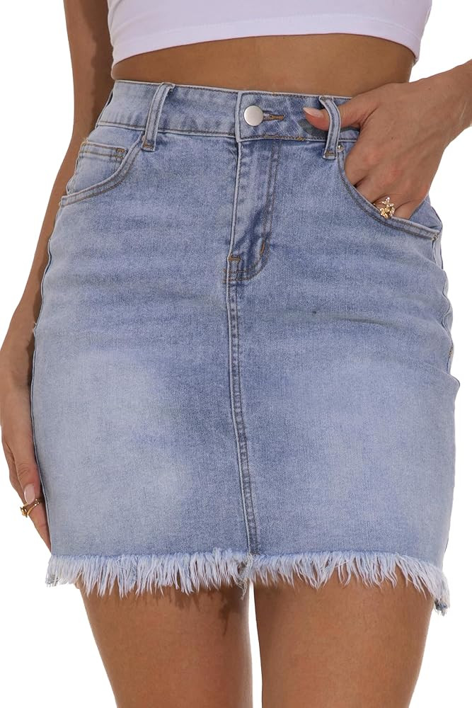 GUANYY Womens Denim Skirt Raw Hem Bodycon Stretch Casual High Waisted Jean Mini Skirt | Amazon (US)