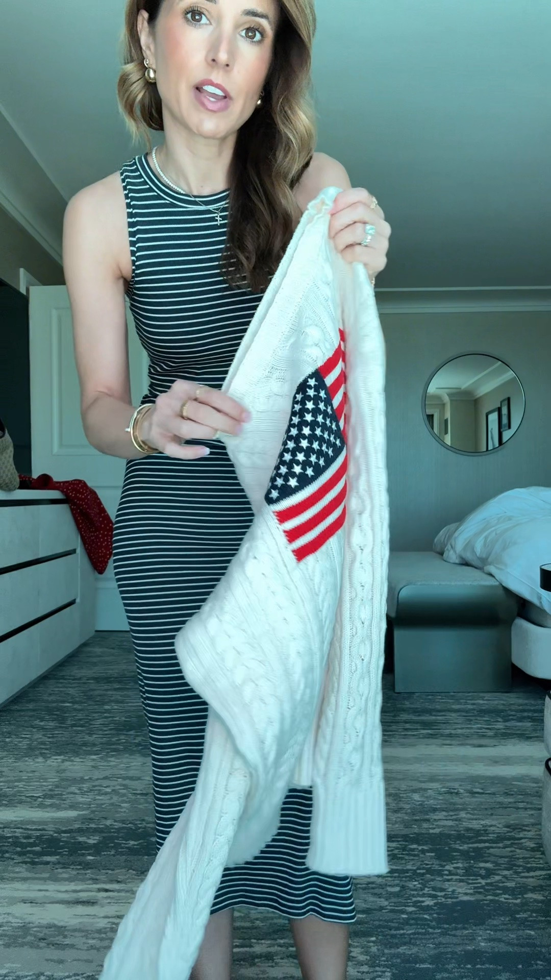 My travel outfit of the day! Roadtrip outfit. Target ribbed modal blend midi dress in XS. American Flag sweater in XXS. Jelly ballet flats are whole sizes only. I’m a 6.5 and did a 6 based on reviews. Summer dress. Summer outfit. Vacation dress. Vacation outfit.