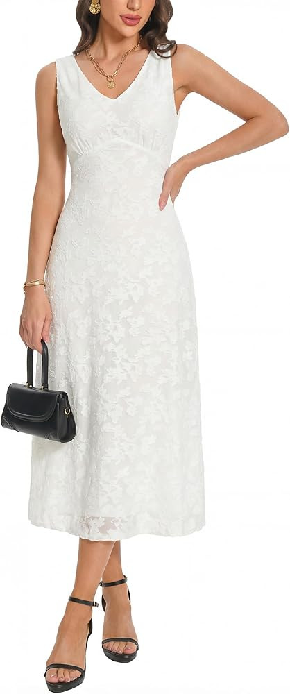 Women's Sexy V Neck Sleeveless Mesh Maxi Dresses Summer Casual Elegant Long Floral Dress Wedding ... | Amazon (US)