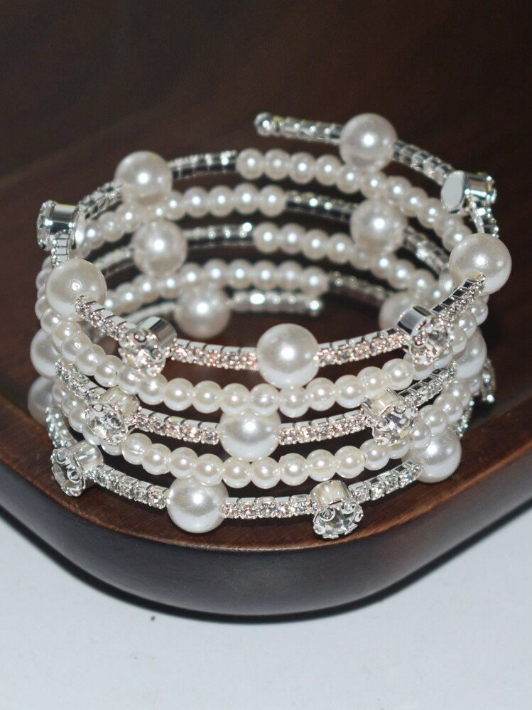 1pc New Fashion 5-Row Multi-Layer Crystal Pearl Twist Cuff Bracelet, Bridal Wedding Gift For Women And Girls | SHEIN