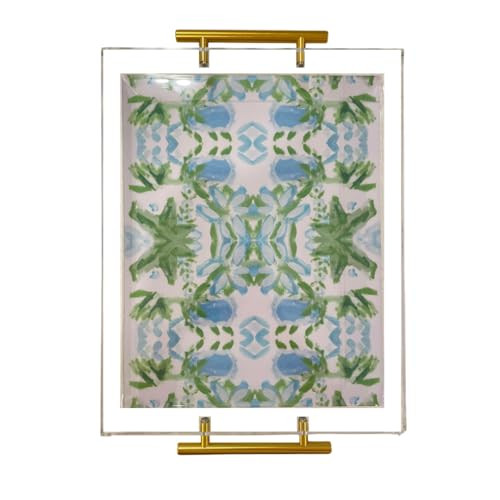 Acrylic Serving Tray with Gold Handles - 11"x14" Decorative Clear Tray, Green and Blue Watercolor... | Amazon (US)