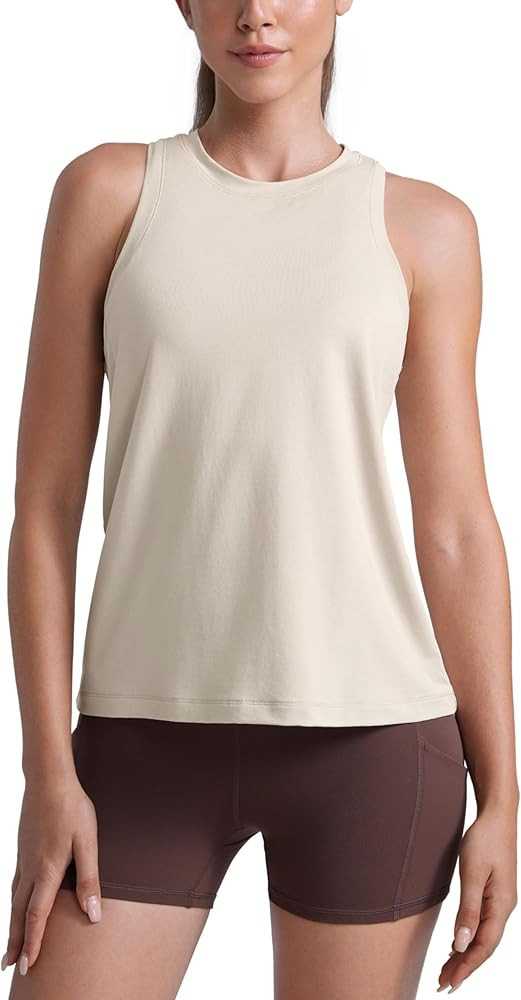 CRZ YOGA Cotton-Blend Workout Racerback Tank for Women Athletic High Neck Breathable Tops Casual Basic Sleeveless Shirts | Amazon (US)