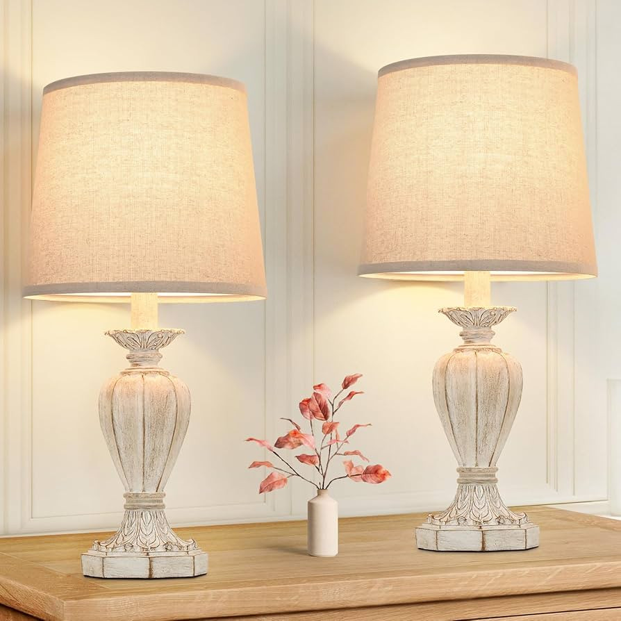 Table Lamps for Bedrooms Set of 2, Farmhouse Table Lamps with Cream Fabric Shade, Traditional Car... | Amazon (US)
