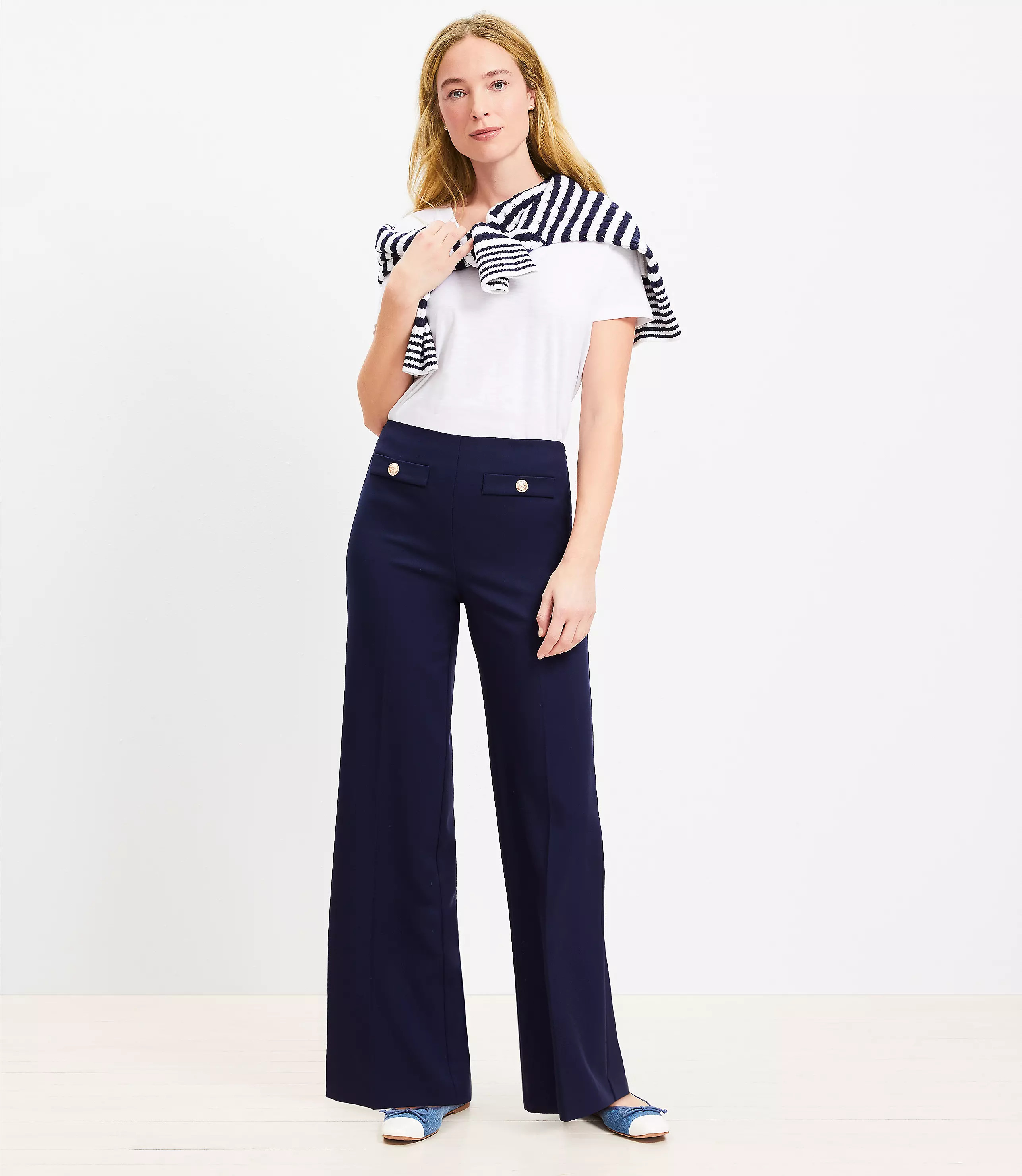 Petite Button Trim Wide Leg Pants in Twill | LOFT