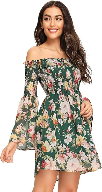 Romwe Women's Casual Floral Print Off Shoulder Trumpet Sleeve Swing Dress | Amazon (US)