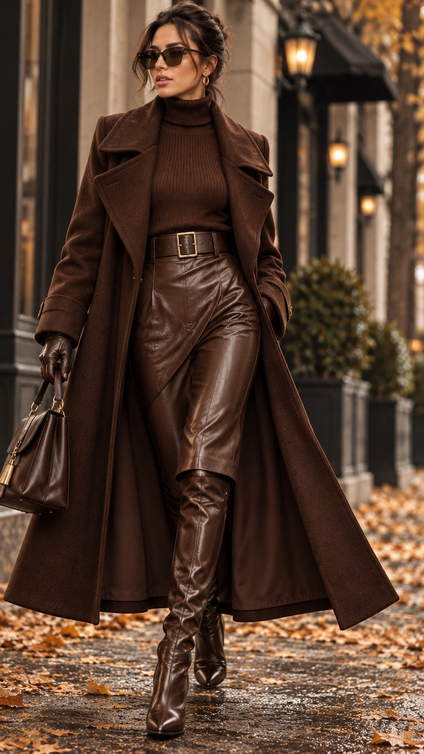 Chocolate brown is having its moment for Fall 2026 🤎🍂 I love a tonal look because it feels instantly polished and expensive without trying too hard. A long chocolate coat, fitted ribbed turtleneck, sleek leather pants and matching ankle booties create one continuous, flattering line—finished with gold accents, a structured handbag, gloves and chic sunglasses.

This is exactly the kind of outfit I love for fall: sophisticated, modern, easy to recreate, and timeless enough to wear for years. Shop the look through my LTK. ✨

#LTKStyleTip #LTKFallFashion #LTKFinds

#LTKWorkwear #LTKOver40