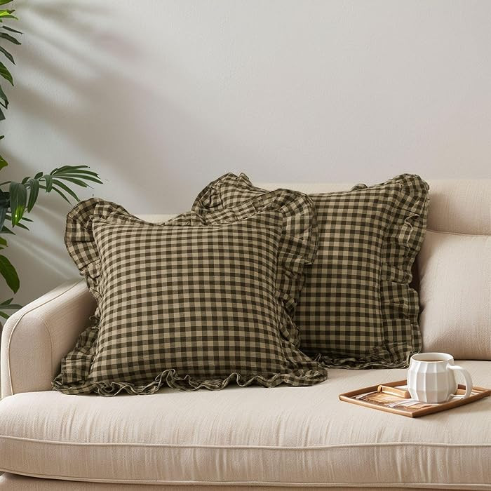 Lemfux Double Ruffle Gingham Pillow Covers, 2 Pack Black & Brown Gingham Plaid Cushion Covers wit... | Amazon (US)