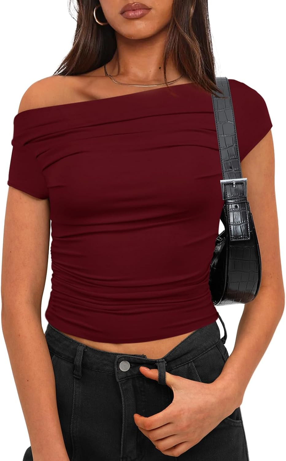 Darong Women's Summer Cap Sleeve Boat Neck Off Shoulder Top Going Out Slim Fit Tops Y2K Tight Shirts | Amazon (US)