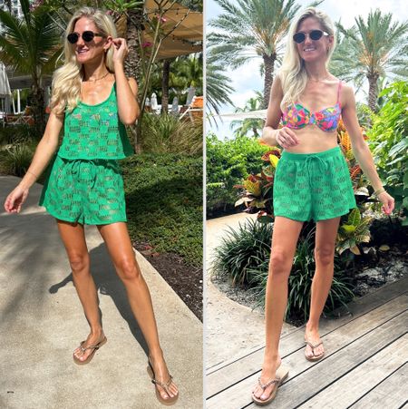 Target crochet green coverup set and bathing suit! Crochet top is cropped, shorts are sold separately. Bikini top is an underwire style and bottoms are cheeky. More styles available in this bright floral print. 

#LTKFindsUnder50 #LTKStyleTip