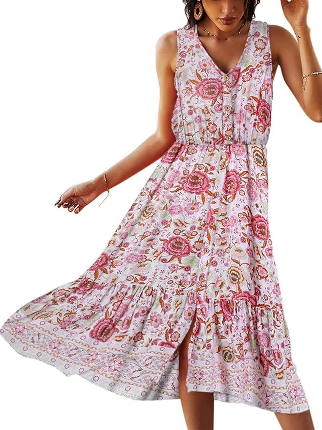 TEMOFON Women Dress Summer Sleeveless Floral Bohemian V Neck Button Down Flowy Dresses S-XL | Amazon (US)